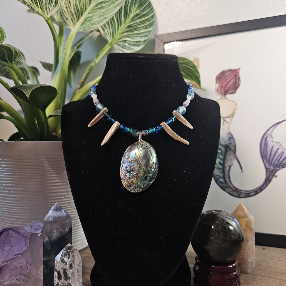 Abalone Shell Pendant Necklace with Blue Beads